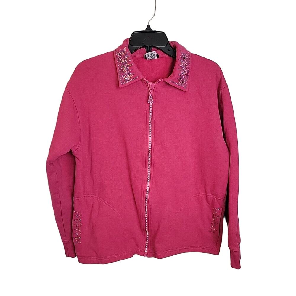 Isaac's Design Full Zip Pink Embellished Knit Preppy Cardigan Sweater Size Large
